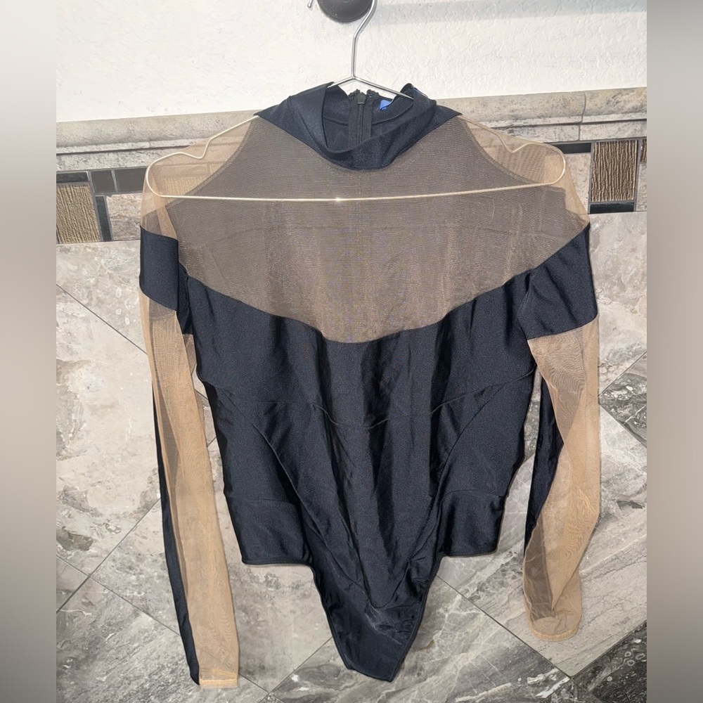 Mugler Black and Nude Mesh Long-Sleeve Bodysuit